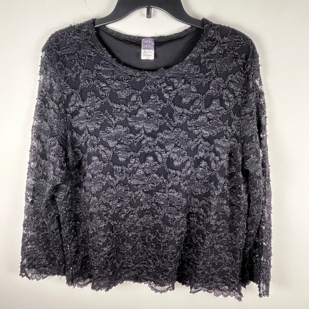Hanky Panky Lined Signature Floral Lace Long Sleeve Top Women L Black Romantic